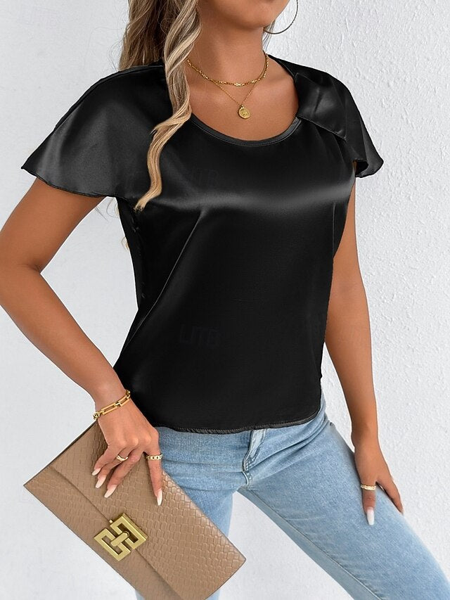Women's Satin T Shirt Elegant Stylish Short Sleeve Ruffle