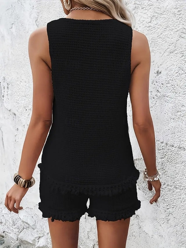 Women's Shorts Sets Sleeveless Crew Neck Solid Color Tassel