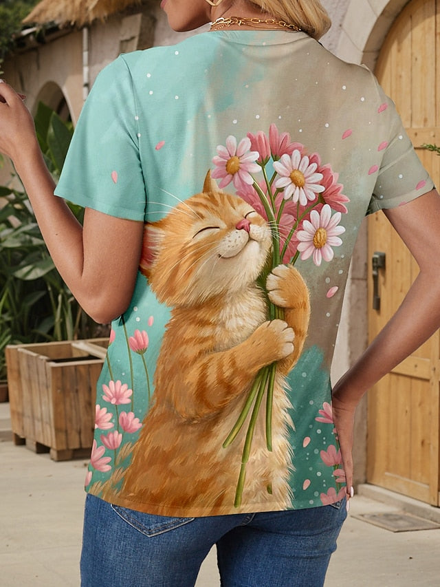 Women's T Shirt Print Graphic Animal Cat Stylish Classic