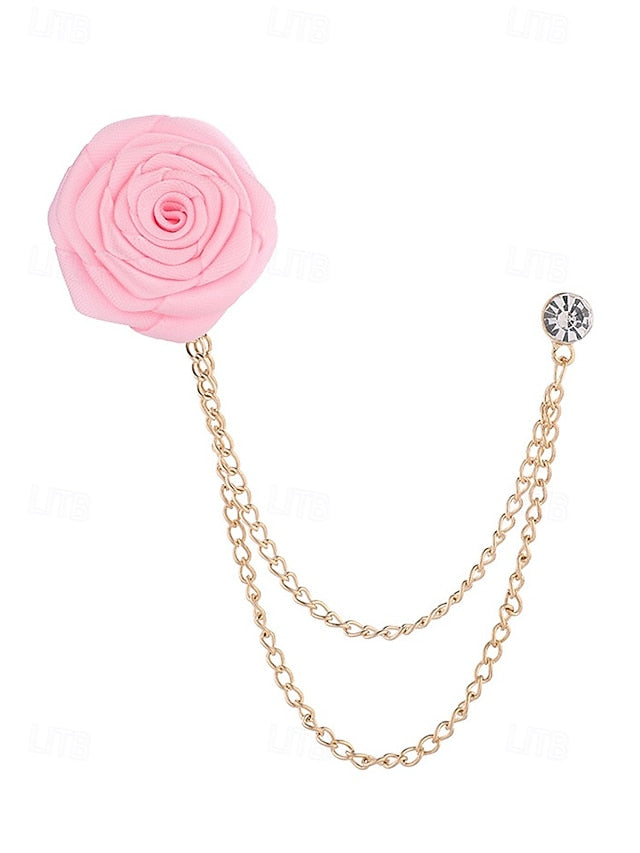Men's Lapel Pin Rose with Chain Gold Elegant – Red