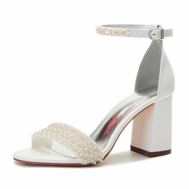 Ankle Block White Ivory Strap Embellished Women's Pearl