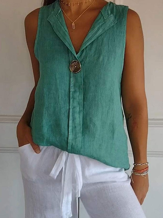 Women's Shirt Button Up Blouse Faux Cotton Linen Solid