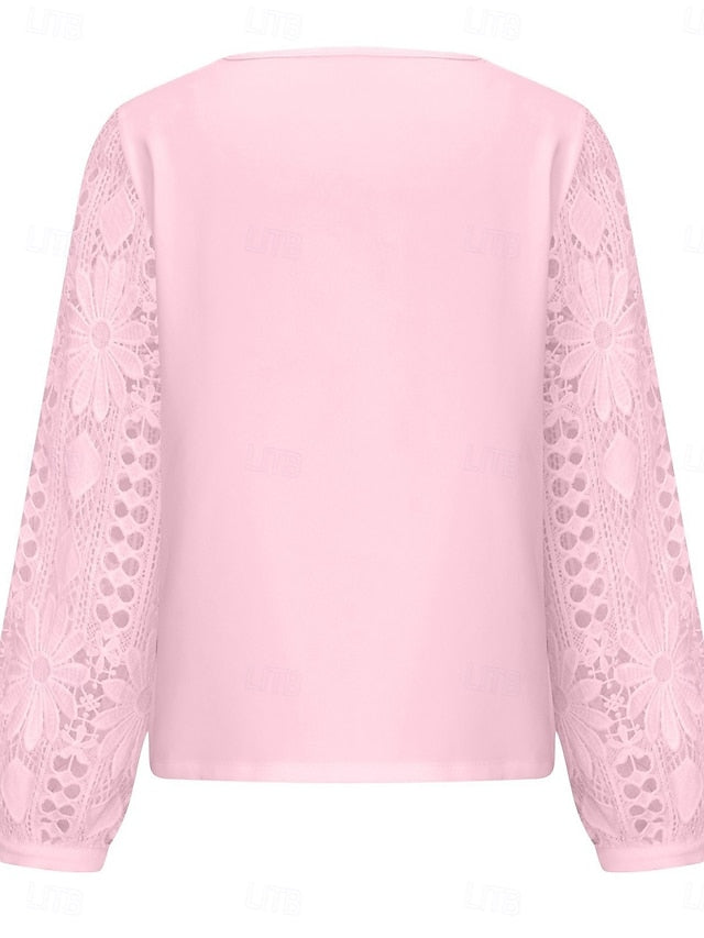 Women's White Elegant Lace Tops Eyelet Blouse Casual Solid