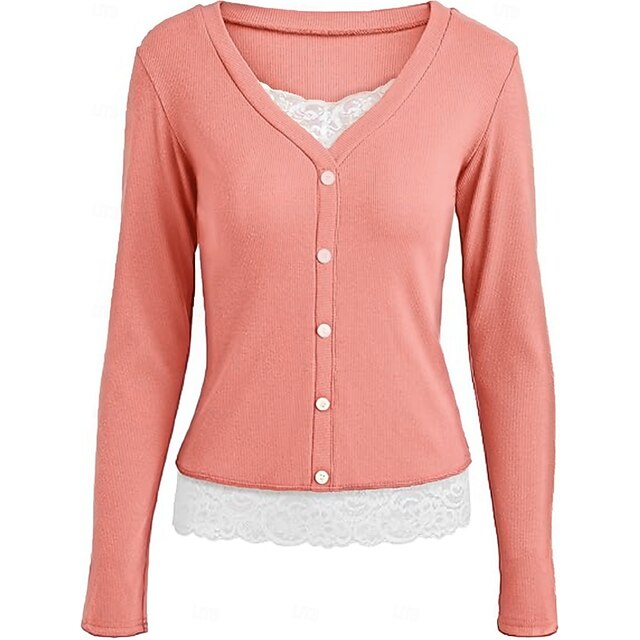 Women's Blouse Lace Patchwork Buttons Solid Color Elegant