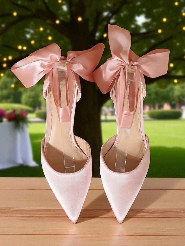 Pointed-Toe Ribbon Satin Heel Women's Shoes with Kitten