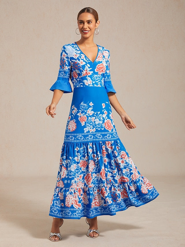 Satin V Neck Sky Blue Tiered Hem Floral Print Vacation Maxi