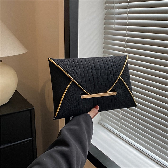 Metal Yellow Envelope Handle Women’s Clutch with Croc-Embossed