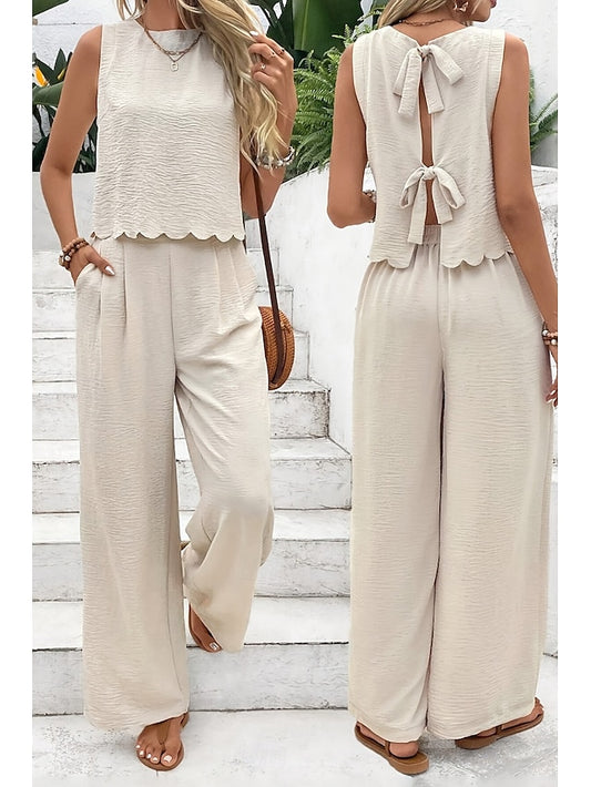 Women's Blouse Pants Sets Sleeveless Crew Neck Solid Color