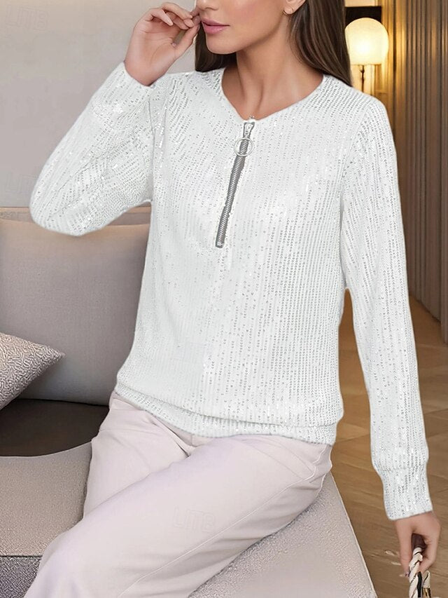 Women's T Shirt Tee Top Sequins Quarter Zip Plain Fashion