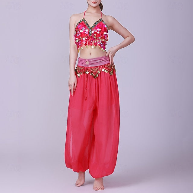 Latin Dance Top Gold Coin Pure Color Splicing Women's
