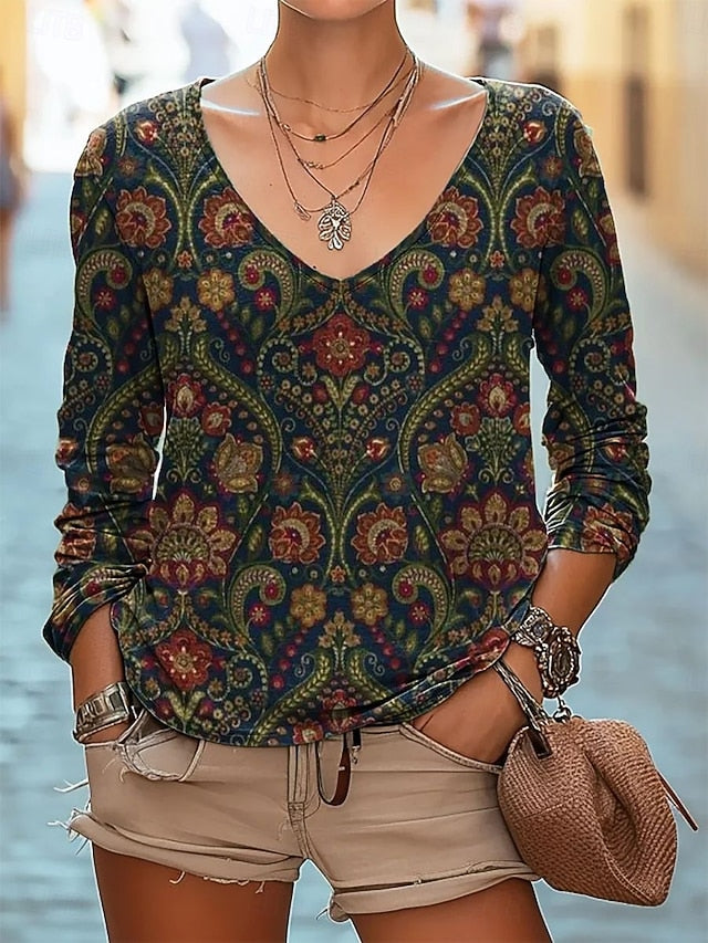 Women's Blouse Print Floral Bohemia Daily Long Sleeve V