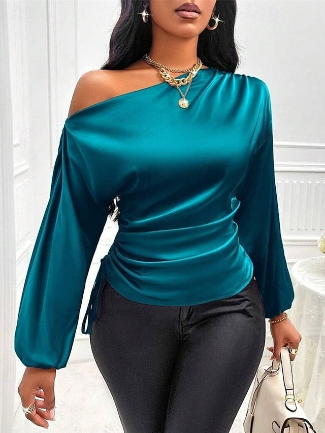 Women's Shirt Elegant Dressy Satin Top Asymmetric Plain