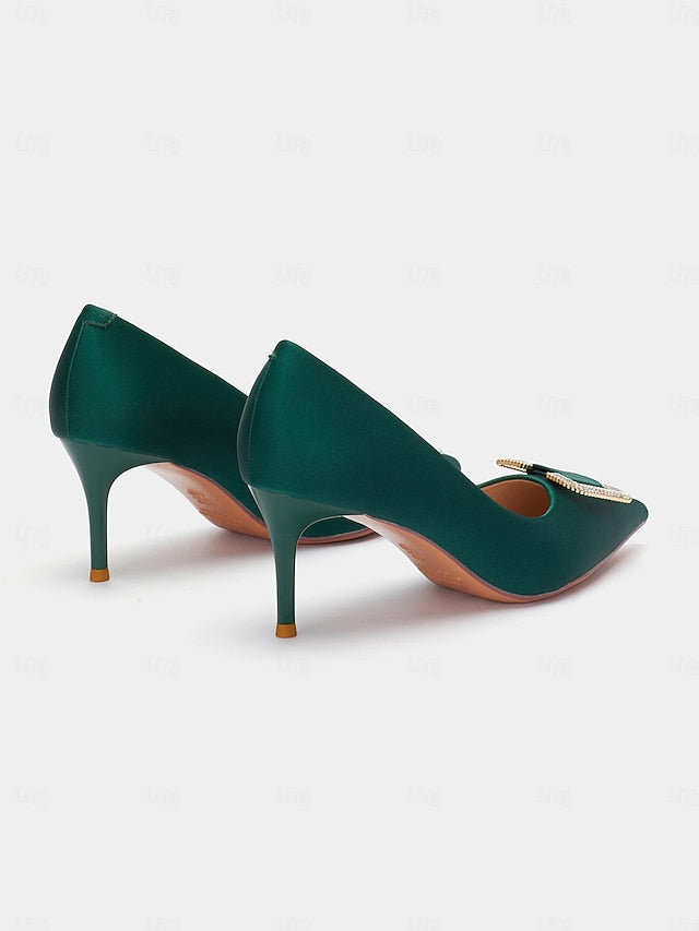 Women: for Pumps Satin Elegant Rhinestone with Buckle Green