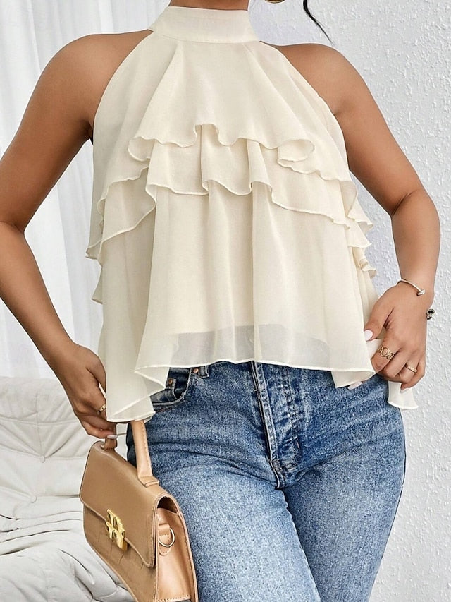 Women's Tank Top Tee Top Ruffle Solid Color Elegant Fashion