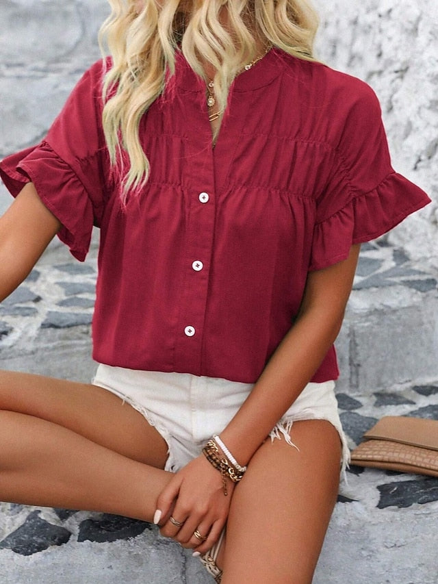 Women's Shirt Blouse Ruffle Buttons Solid Color Stylish