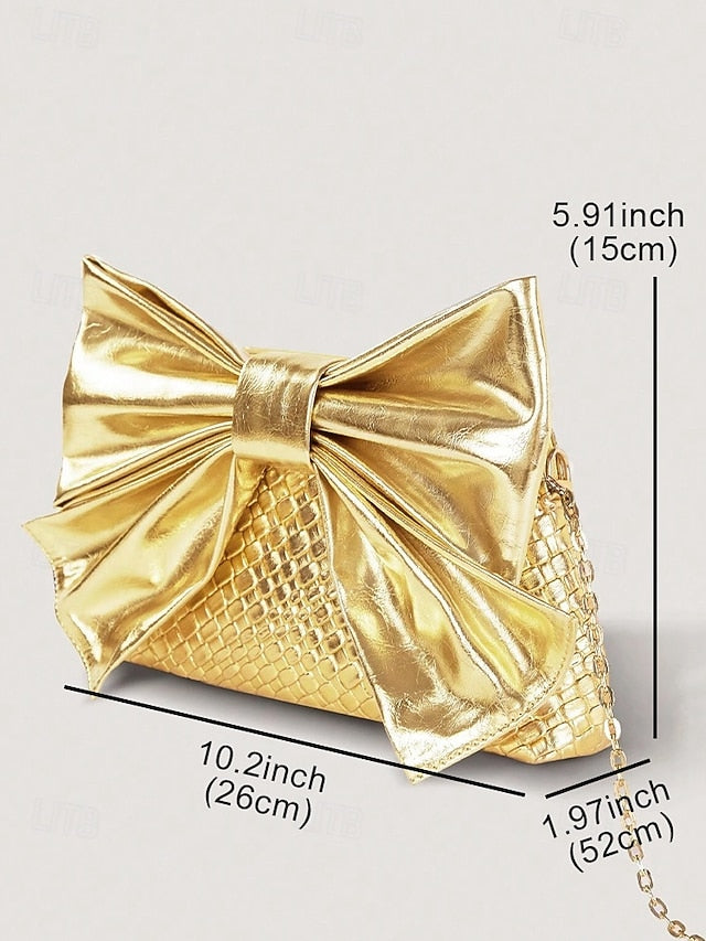 with Faux Leather Clutch Bow Gold Bag Oversized Women's