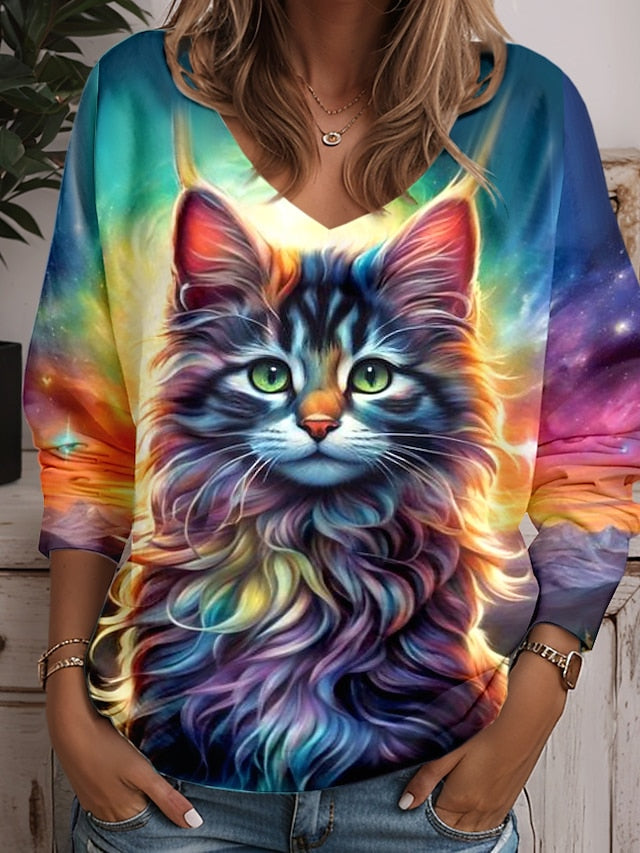 Women's Tunic T Shirt Animal Cat Fashion Funny Long Sleeve