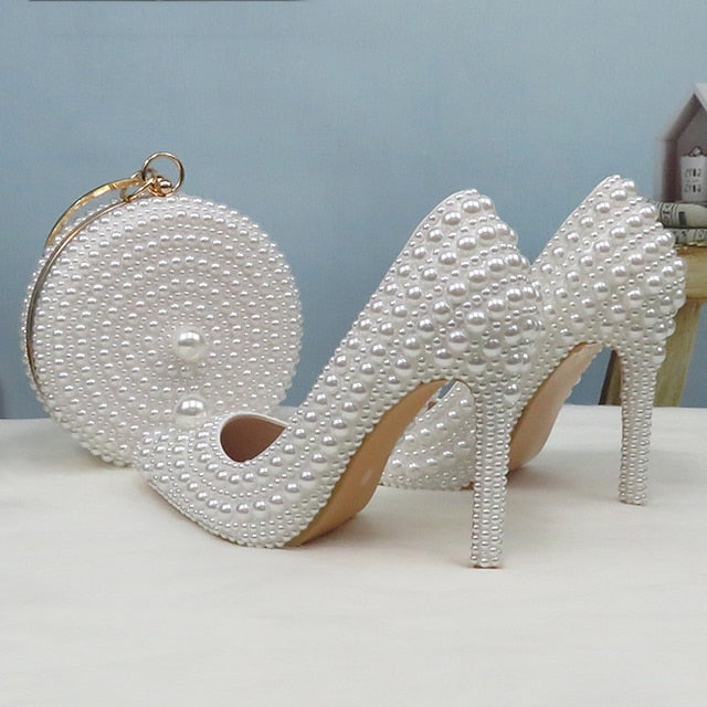 Heels Pearl Purse and Pearl-Embellished Round Stiletto Set White