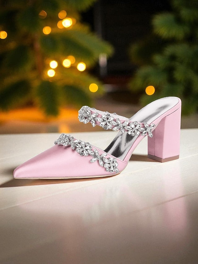 Block Heel Floral with Women's Black Mules Satin Rhinestone