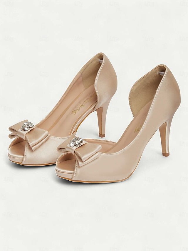 Satin Peep Toe with Heels Women's and Champagne Bow