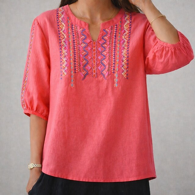 Women's Boho T-shirt Cotton Linen T Shirt Embroidered
