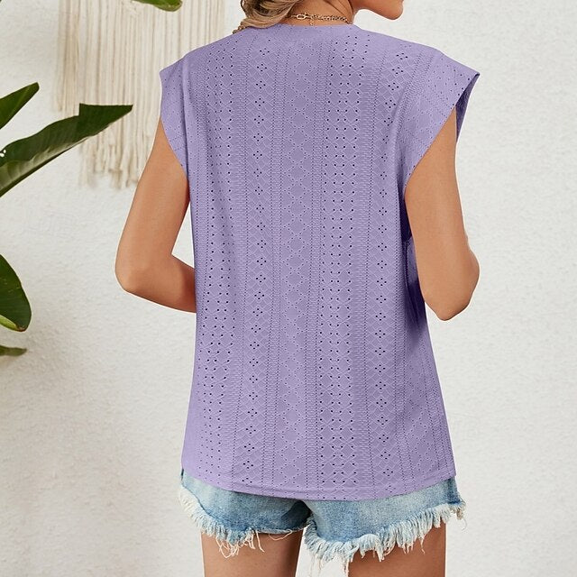 Women's Texture Blouse Eyelet Top Pointelle Tee Tank Top
