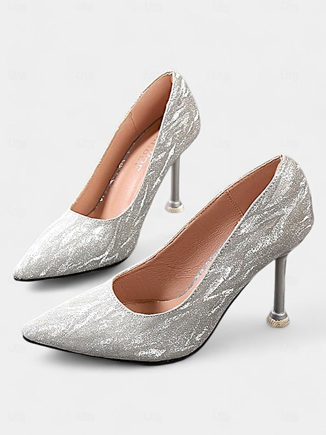 with Glitter Toe Pointed Champagne Stiletto Heels Women's