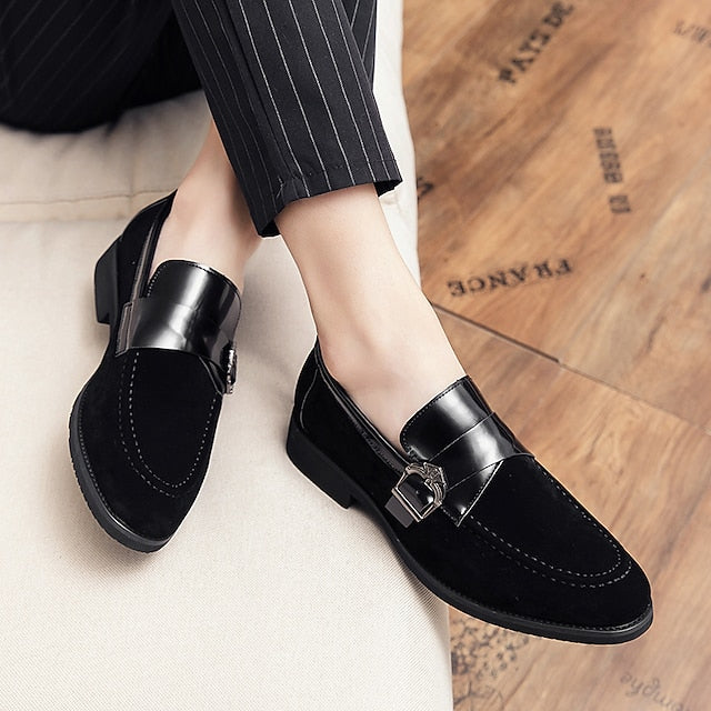 with Strap Metal Loafers Men's Patent Suede Leather and