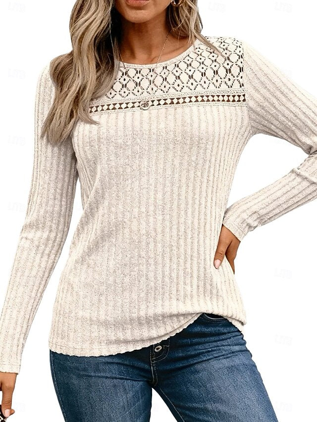 Women's Ribbed Knit Tops T Shirt Eyelet Vintage Casual Long