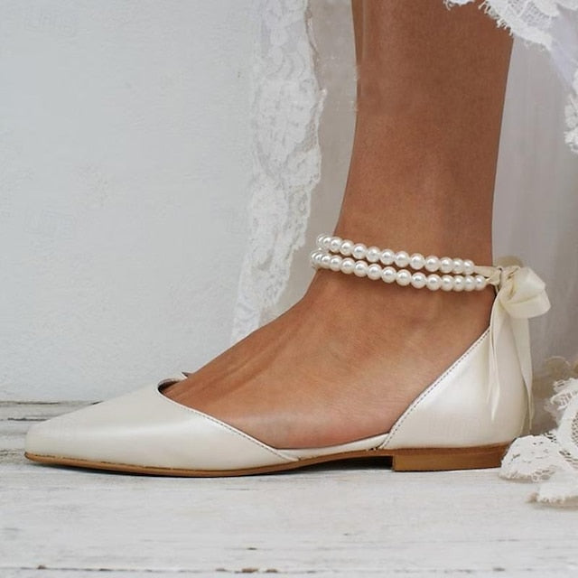 Flats Strap Bridal Pearl – Elegant White Ankle Women's