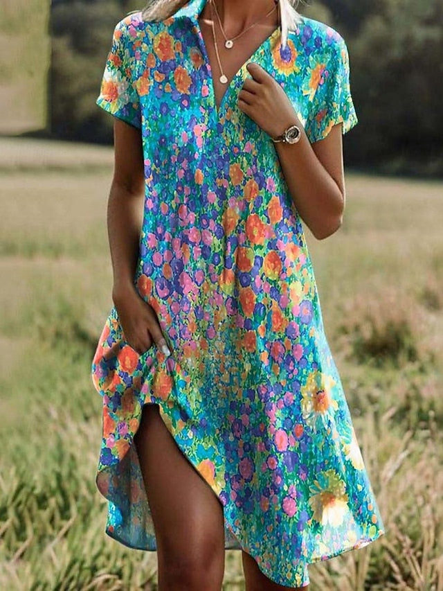 Women's Ditsy Floral Lapel Long Dress Maxi Dress Short