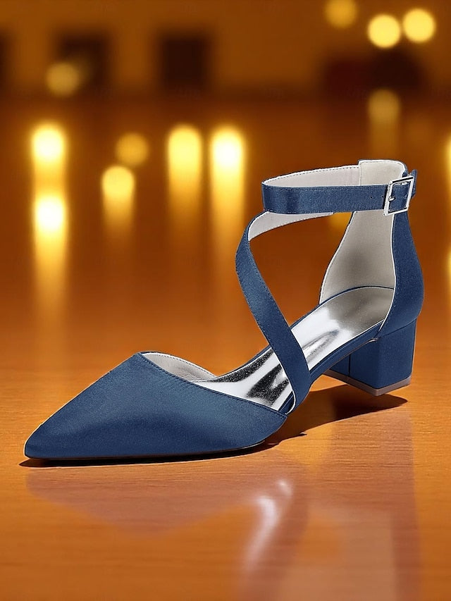 Women's Pointed Heels Toe Satin Block Champagne -