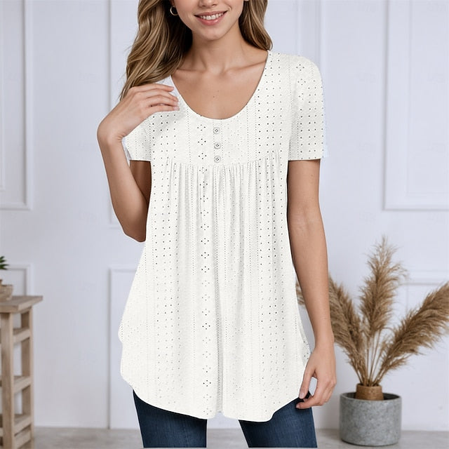 Women's Texture Blouse Eyelet Top Pointelle Tee Tunic