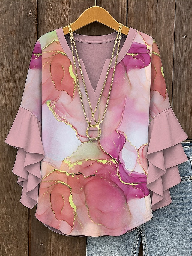 Women's Blouse V Neck Layered Ruffle Sleeve Tops Ombre