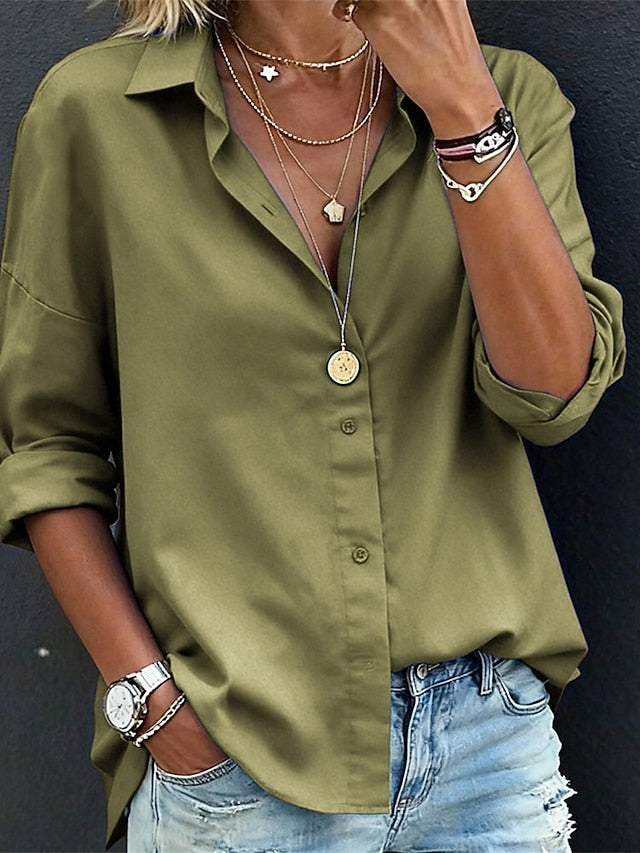 Women's Blouse Dressy Tops Ruched Patchwork Buttons Solid