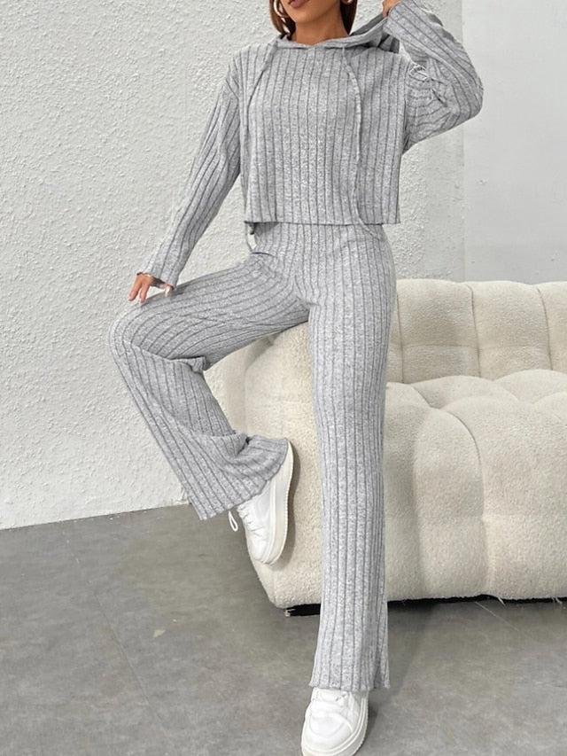 Women's Pants Sets Bolero Top Long Sleeve Hooded Solid