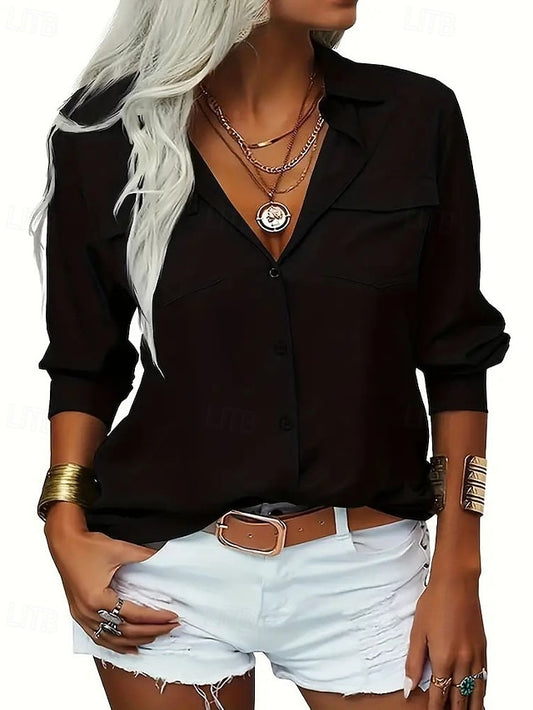 Women's Blouse Dressy Tops Ruched Pocket Buttons Solid