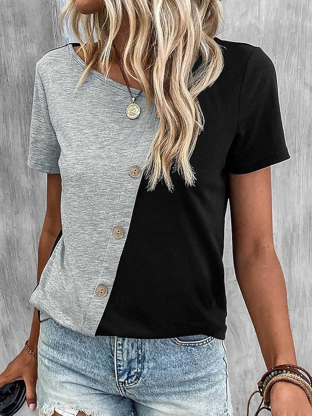 Women's T Shirt Buttons Casual Short Sleeve Asymmetric Neck