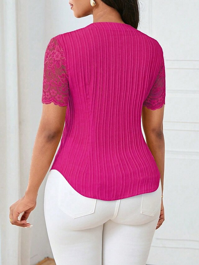 Women's T Shirt Tee Top Lace Patchwork Plain Elegant