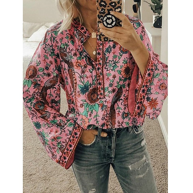 Women's Shirt Blouse Yellow Pink Dusty Rose Graphic Floral