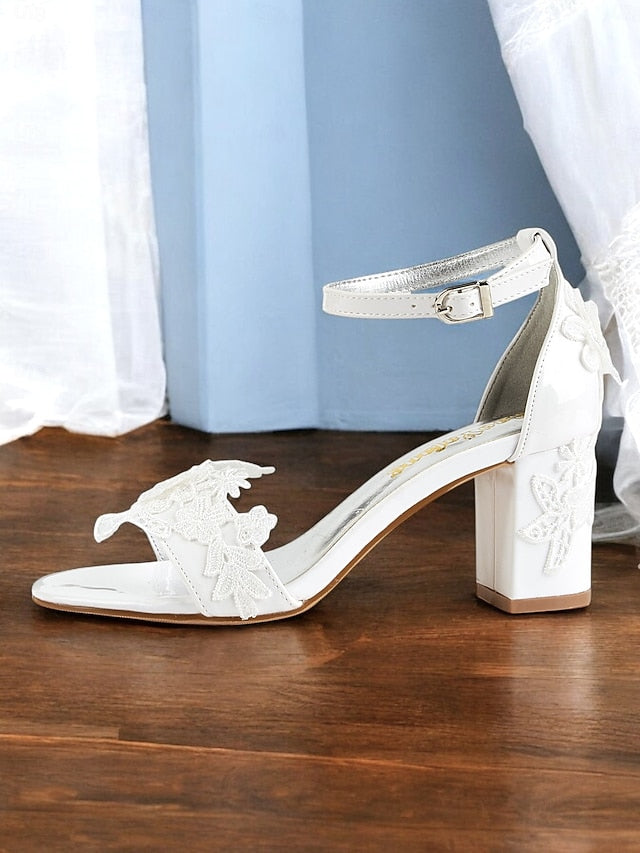 White Ankle Strap Lace for Bridal - Open-Toe Women Heels with