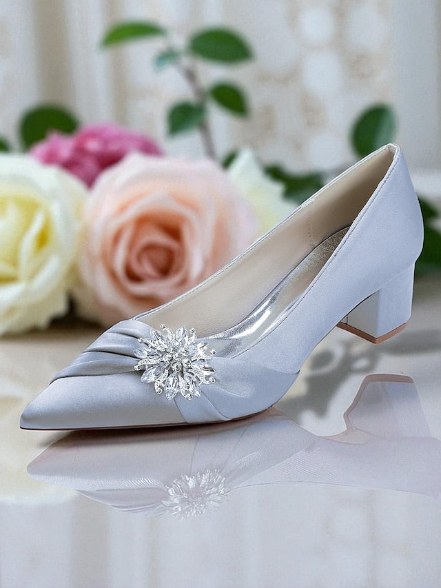 White Block with Women's Pumps Heel Low Crystal