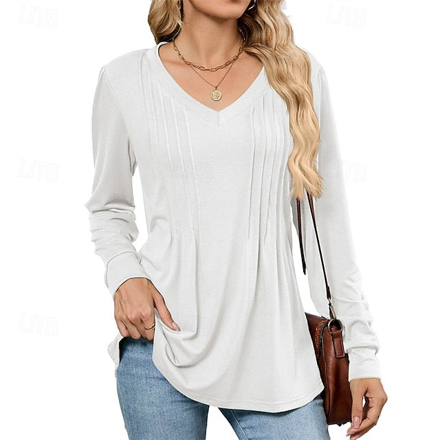 Women's T Shirt Plain Casual Long Sleeve V Neck Regular