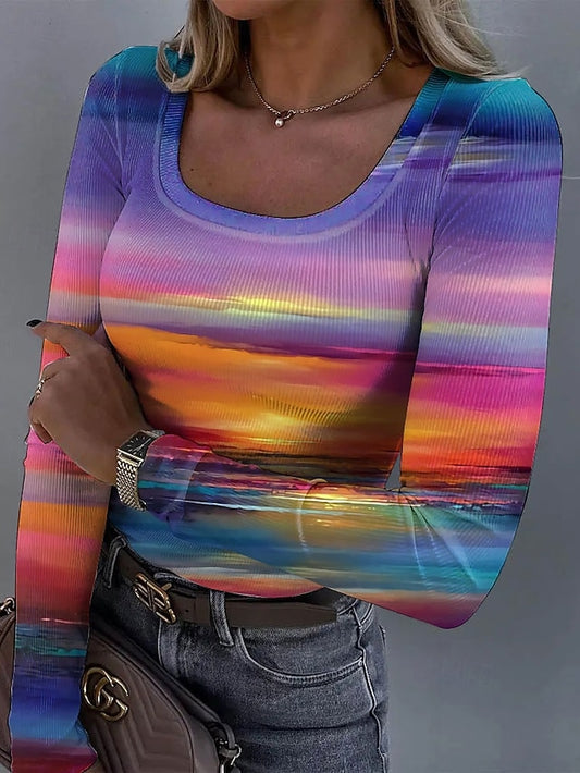 Women's T shirt Long Sleeve Ribbed Graphic Square Neck Long