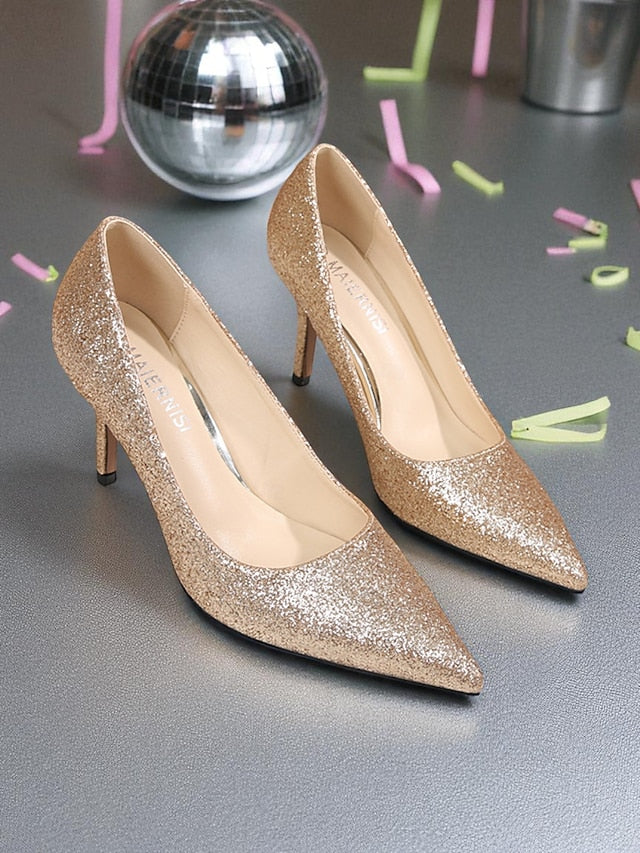 Women's Stiletto Sparkly Pumps Gold Pointed-Toe Glitter -