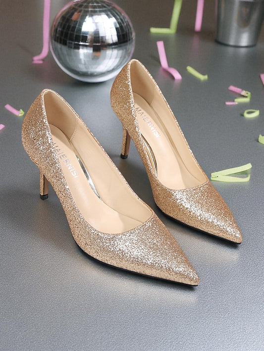 Women's Stiletto Sparkly Pumps Gold Pointed-Toe Glitter -