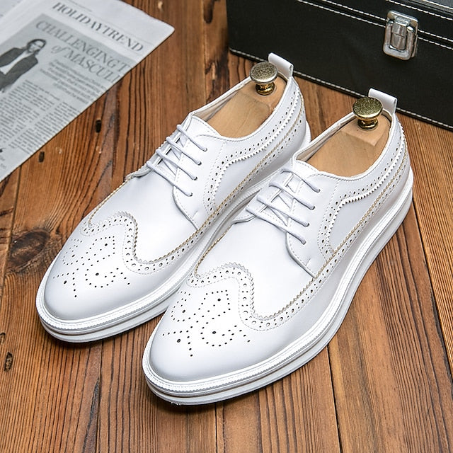 Shoes - White Derby Lace-Up Stylish Men's Leather Brogue