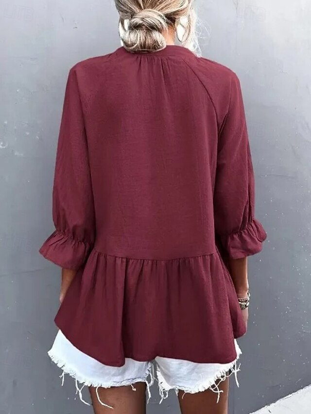 Women's Shirt Blouse Ruched Plain Casual Long Sleeve V Neck