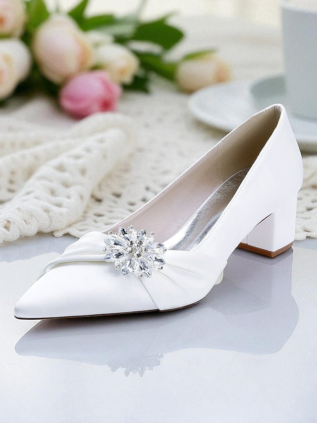 White Block with Women's Pumps Heel Low Crystal