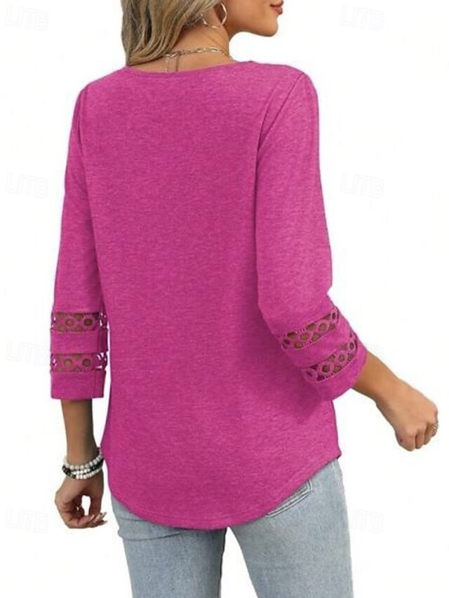 Women's T Shirt Eyelet Plain Casual Long Sleeve V Neck
